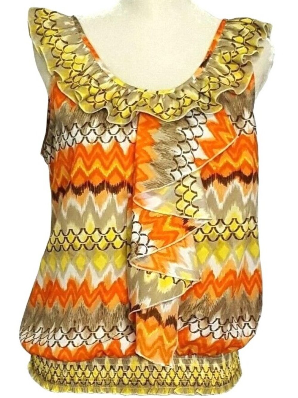 Cato Womens Top L Sleeveless Ruffle Front Orange Yellow Elastic Waist